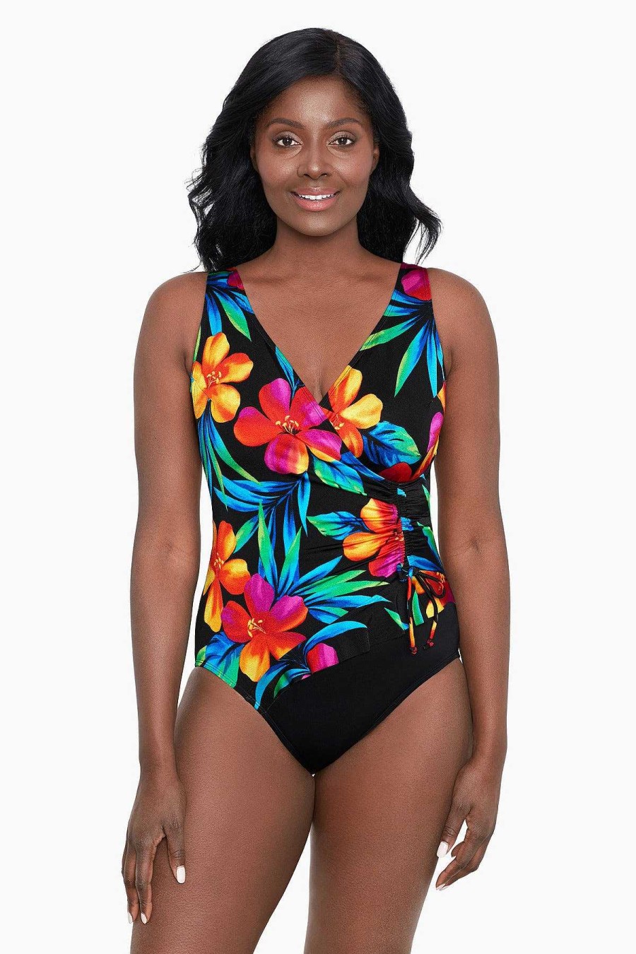 Swim Longitude | Plus Size Ruffle Surplice Long Torso One Piece Swimsuit Cayenne Multi