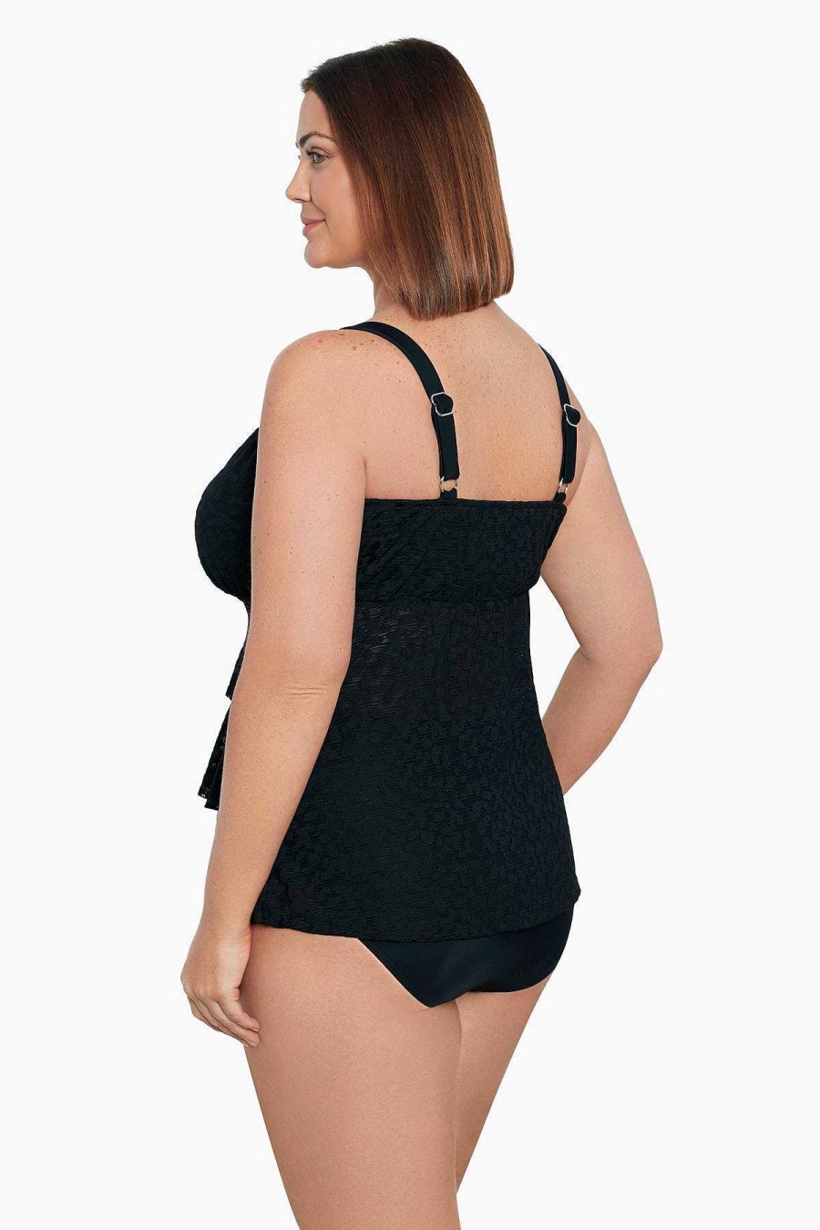 Swim Longitude | Plus Size Triple Tier Tankini Top Shadow Prowl Black