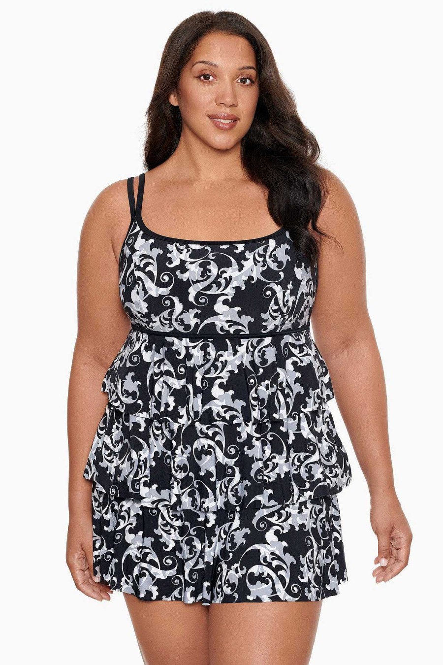 Swim Longitude | Plus Size Triple Tier Swim Dress Caprice Black/White