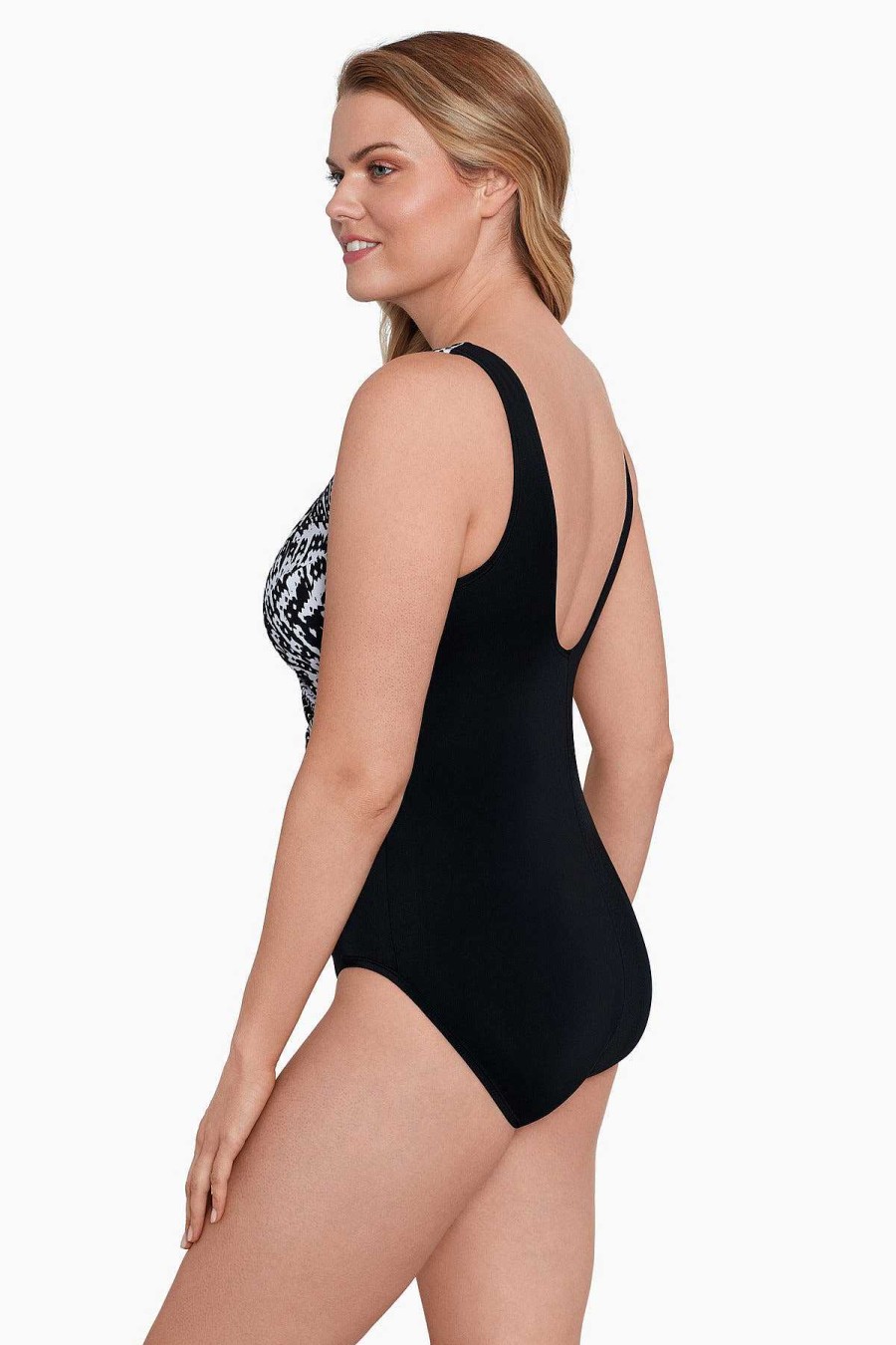 Swim Longitude | Flutter Side Tie Draped Surplice Long Torso Swimsuit Black/White