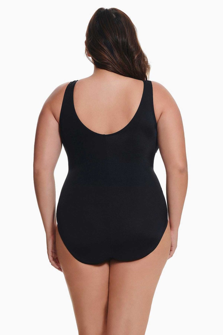 Swim Longitude | Plus Size Overlay Fan Tank Long Torso One Piece Swimsuit Colorblock Black/White