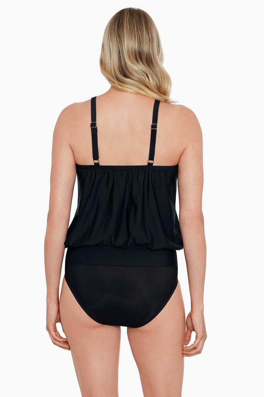 Swim Longitude | High Neck Blouson Tankini Top Meshed Up Black