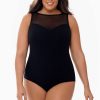 Swim Longitude | Plus Size Sweetheart Mesh Highneck One Piece Swimsuit Half Moon Texture Black