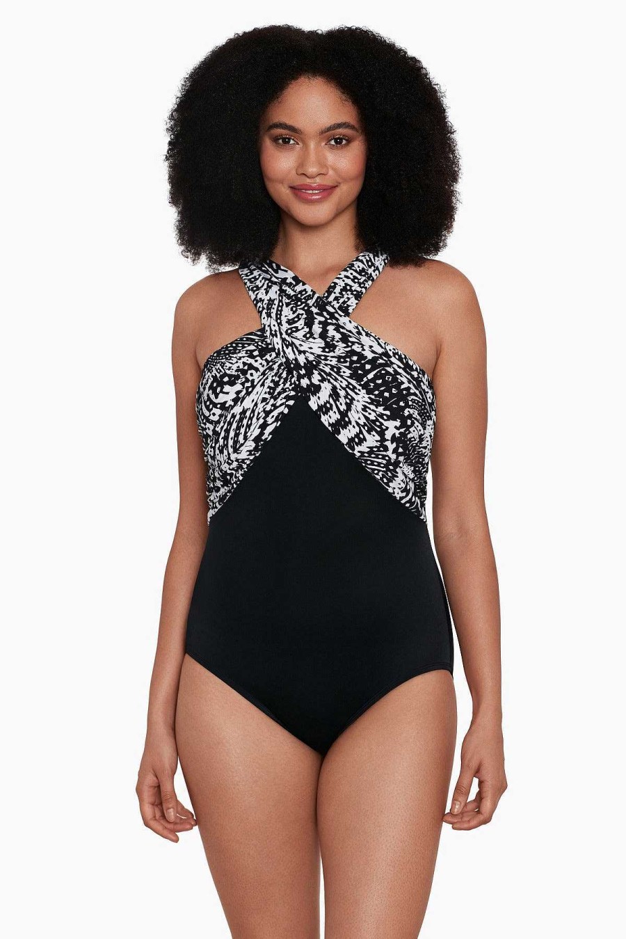 Swim Longitude | Flutter Crossover Draped Long Torso Tank Swimsuit Black/White