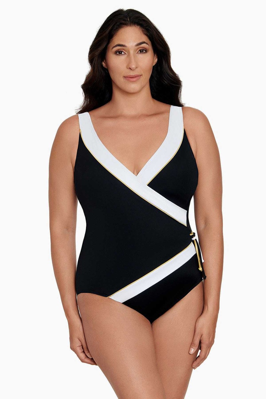 Swim Longitude | Tassel Ring Surplice Long Torso One Piece Swimsuit Private Party Black/White