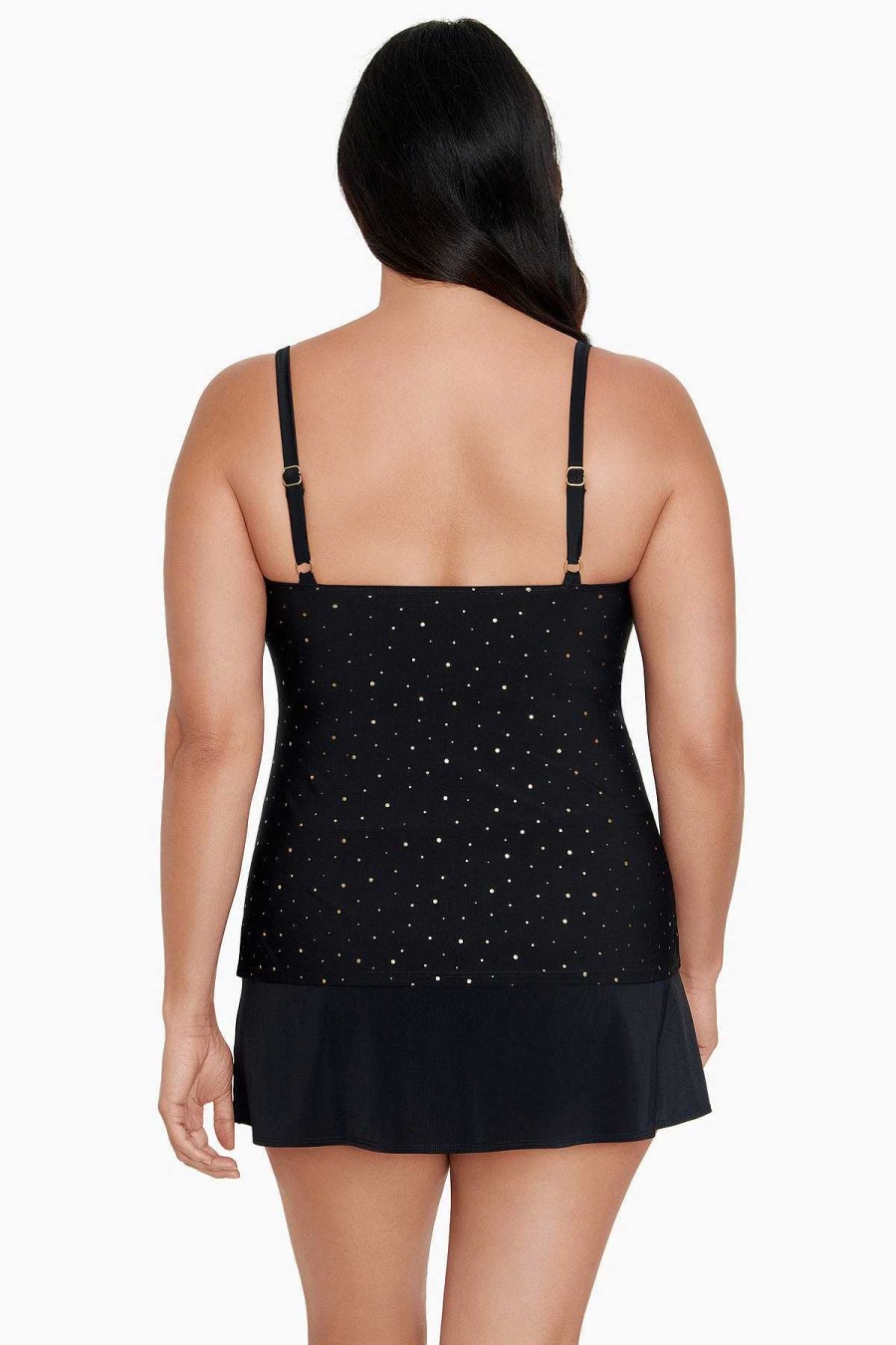 Swim Longitude | Faux Ruffle Long Torso Skirtini W/Pockets Swim Dress Night Stars Black/Gold