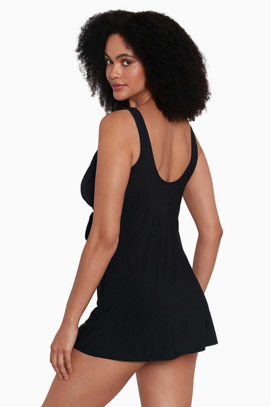 Swim Longitude | Draped Crossover Flyaway Long Torso Swim Dress Night Gala Black