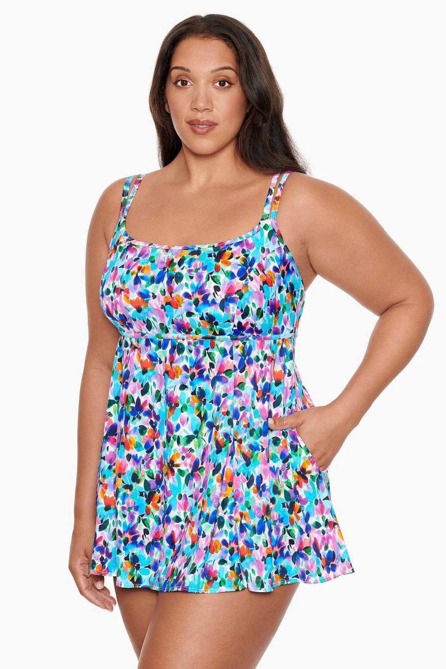 Swim Longitude | Plus Size Empire Princess Seam Swim Dress W/ Pockets Blooming Bouquet Multi