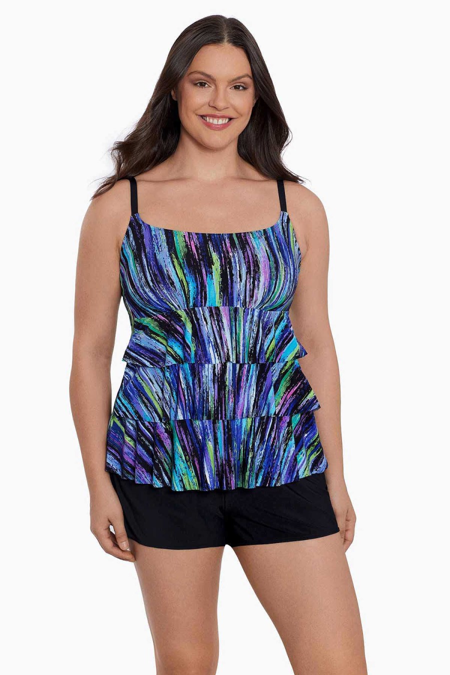 Swim Longitude | Ruffle Faux Shortini W/ Pockets Long Torso One Piece Swimsuit Brilliant Streaks Multi