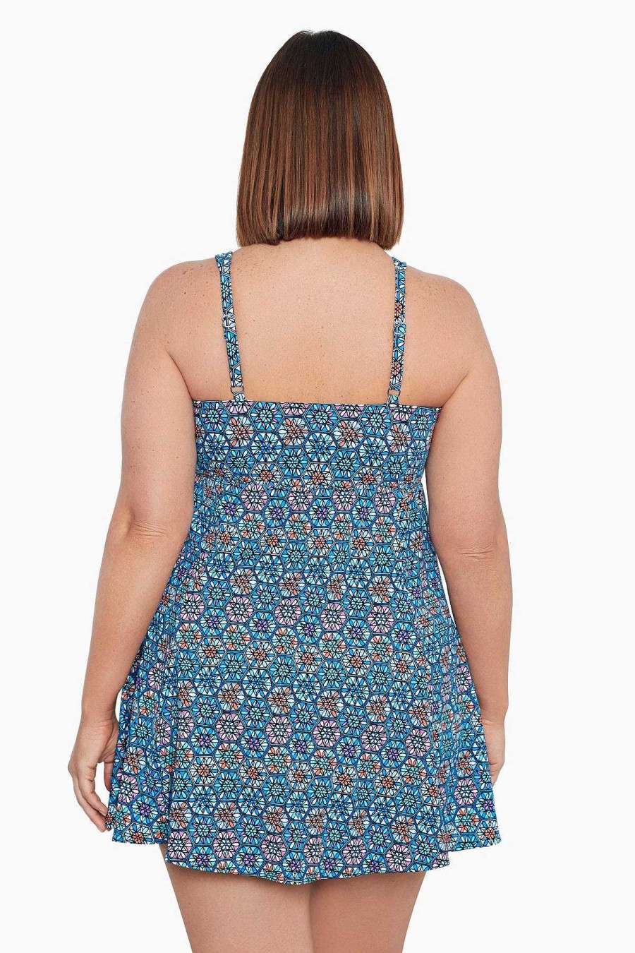 Swim Longitude | Plus Size Bow Front Swim Dress Tile Play Multi