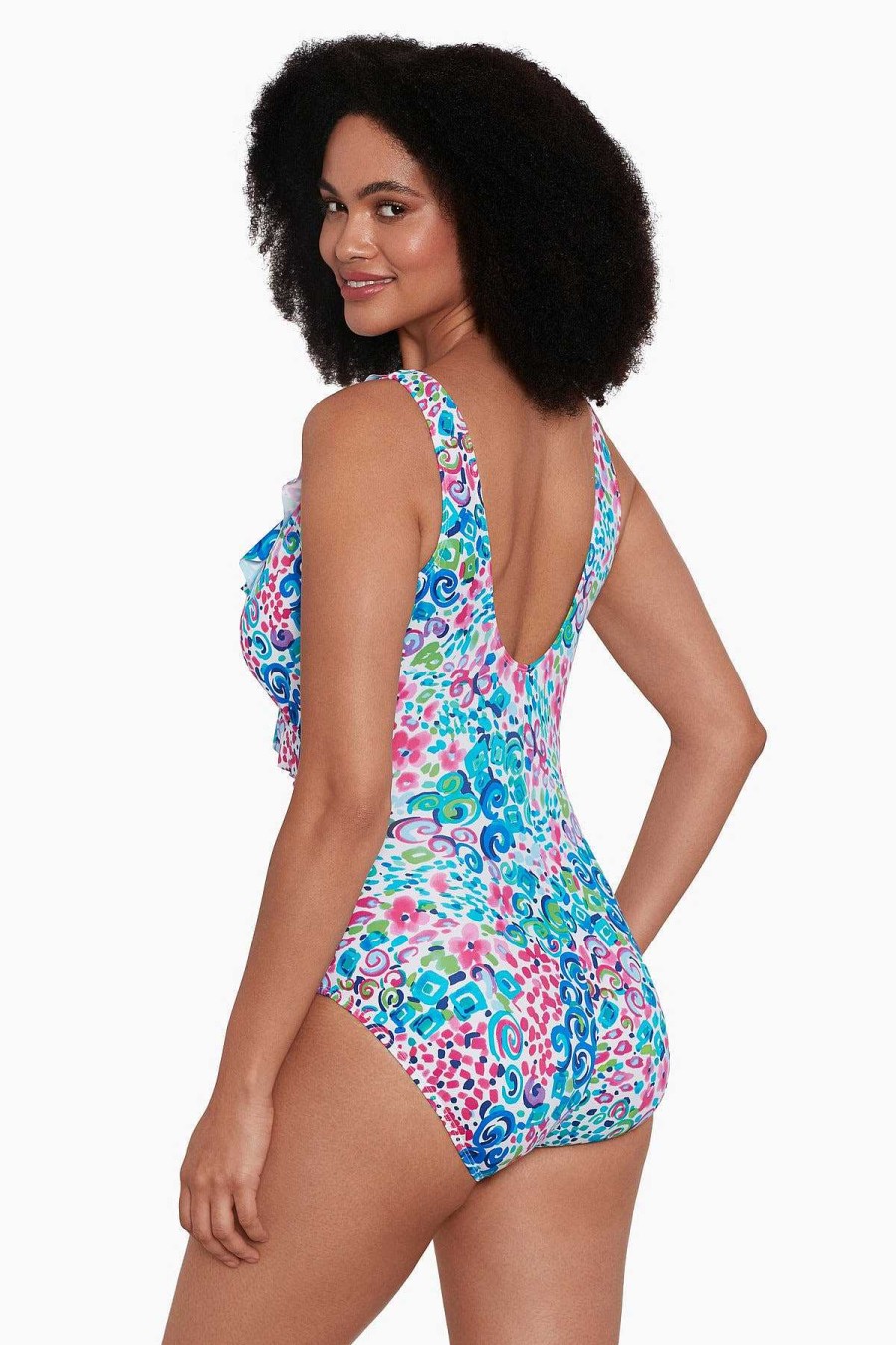 Swim Longitude | Ruffle Front Surplice Long Torso One Piece Swimsuit Fanciful Pink/Multi