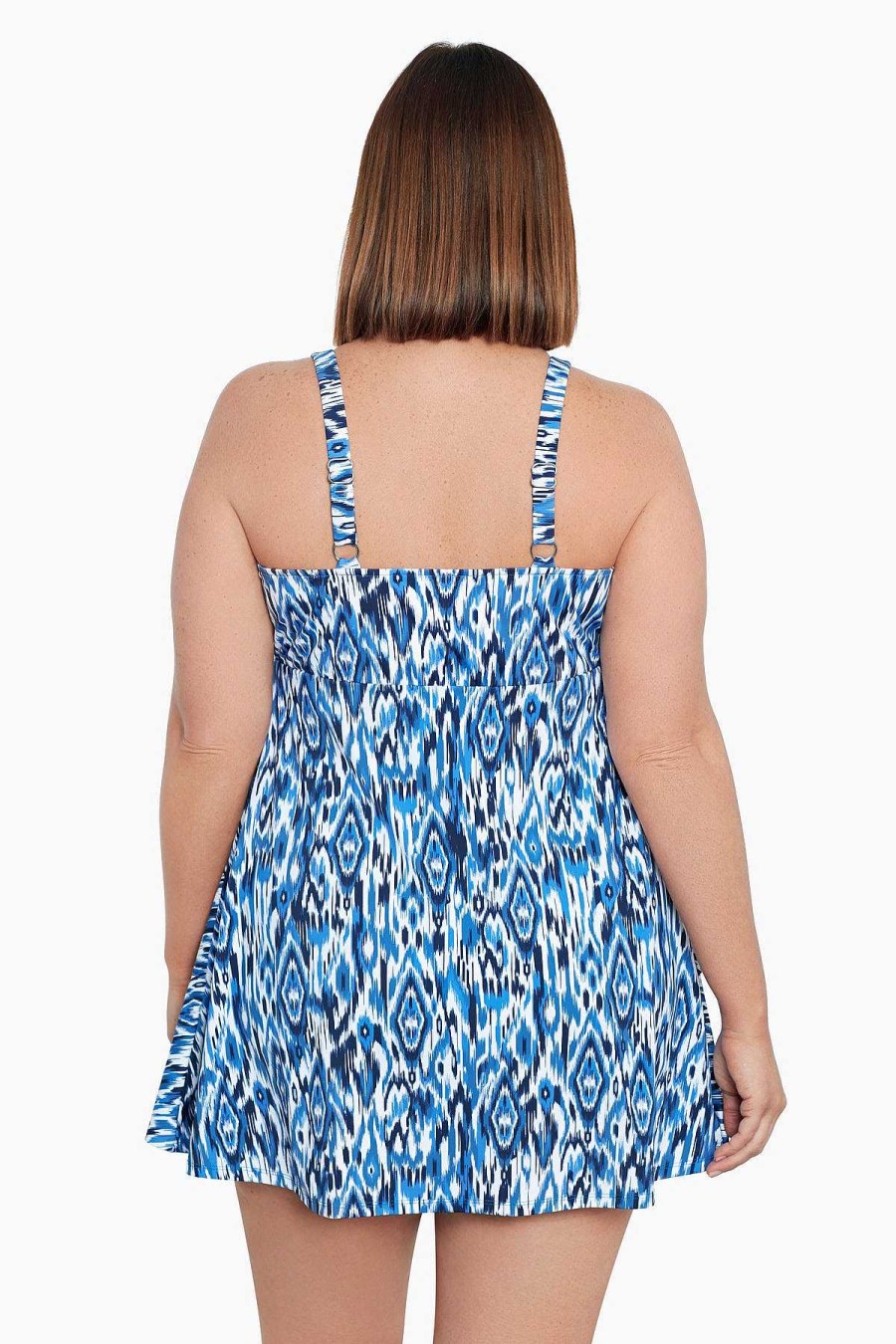 Swim Longitude | Plus Size Triple Tier Swim Dress Ikats Meow Denim