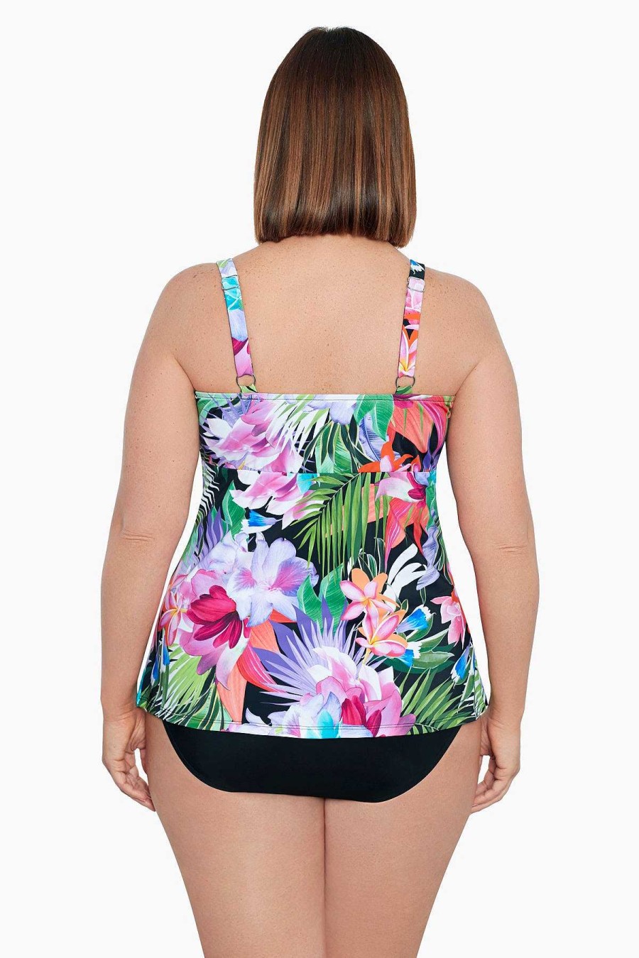 Swim Longitude | Plus Size Triple Tier Tankini Top Lush Life Black/Multi