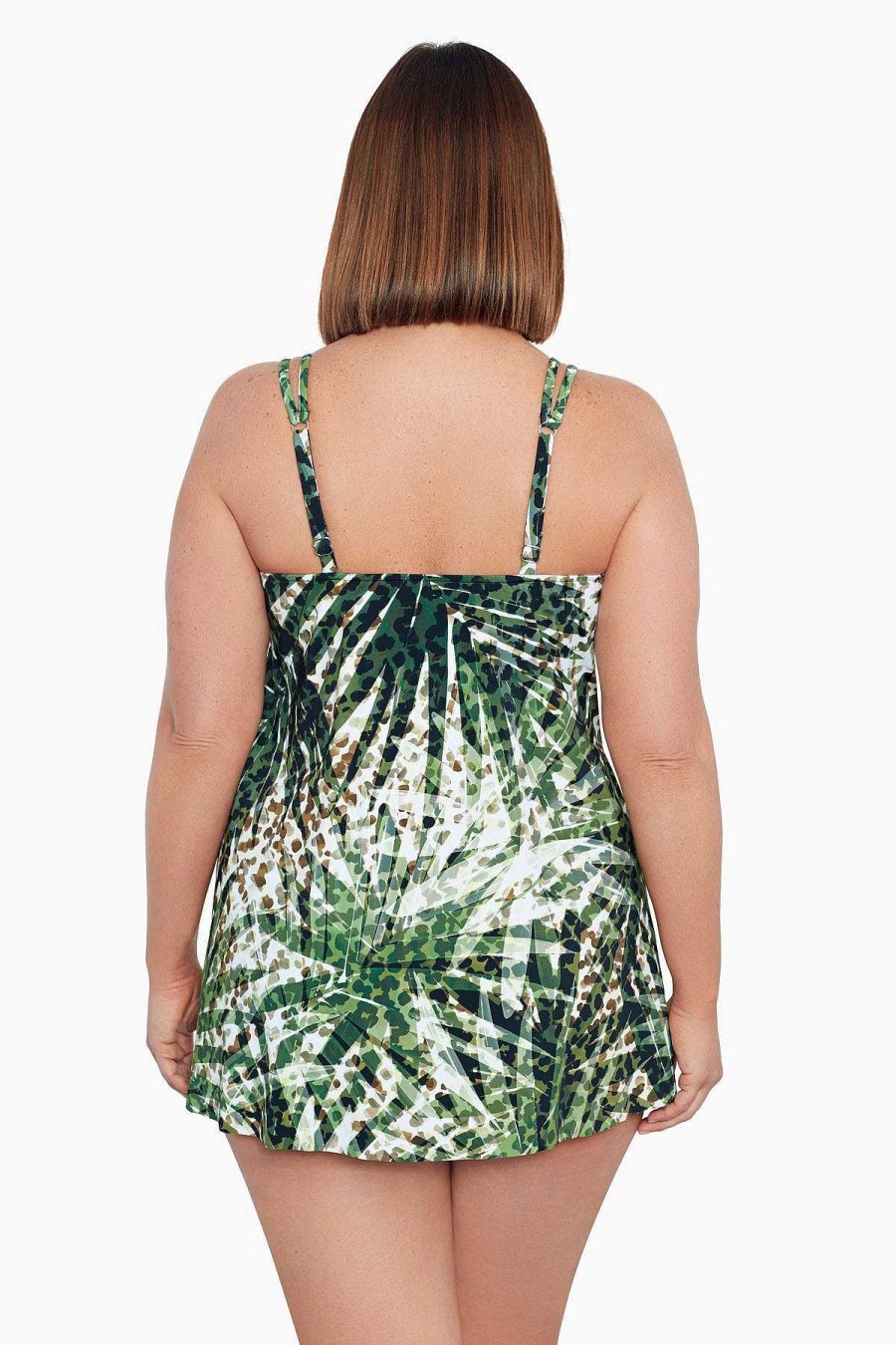 Swim Longitude | Plus Size Pleated Front One Piece Swim Dress Wild Leaf Multi