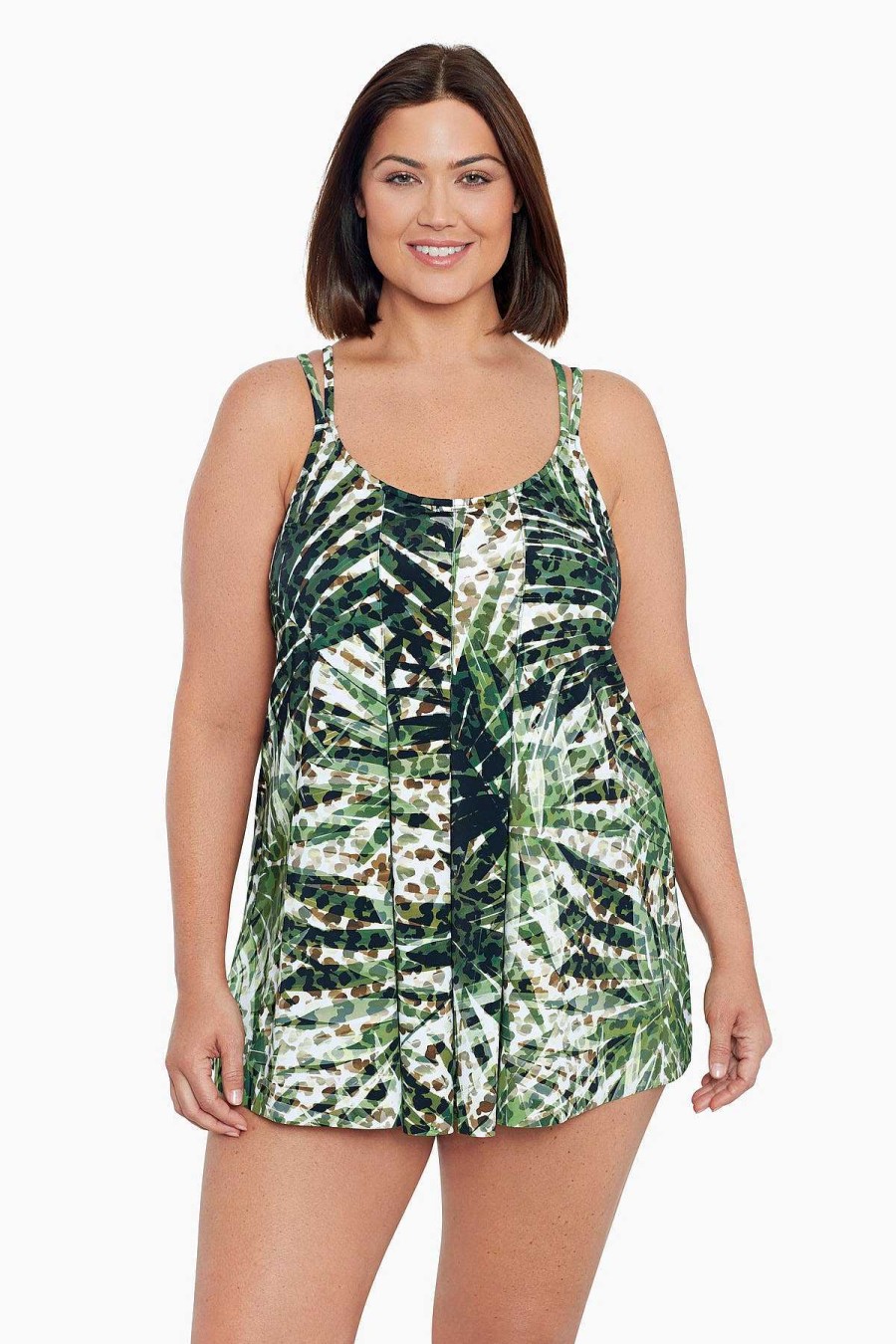 Swim Longitude | Plus Size Pleated Front One Piece Swim Dress Wild Leaf Multi