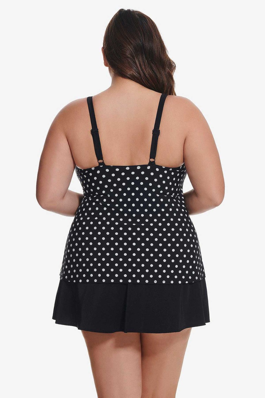 Swim Longitude | Plus Size Ruffle Faux Skirtini Dot To Dot Black/White