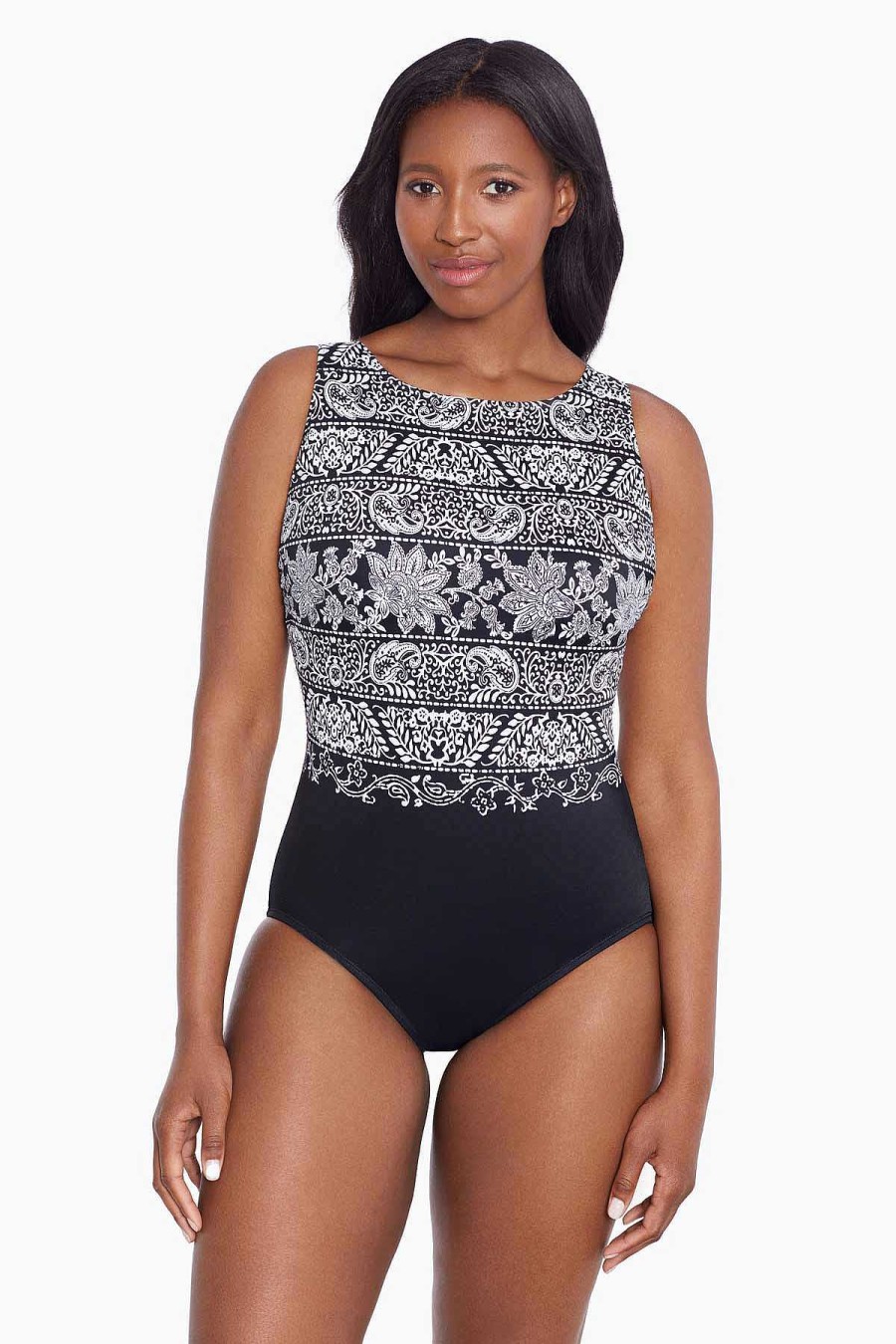 Swim Longitude | Scoopback Highneck Tank Long Torso One Piece Swimsuit Night Seas Black/White