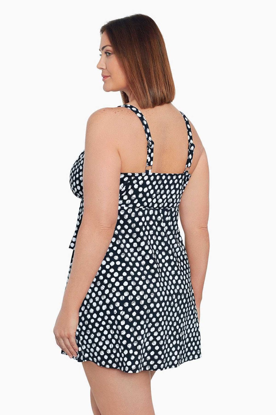 Swim Longitude | Plus Size Triple Tier One Piece Swim Dress Spots Black/White