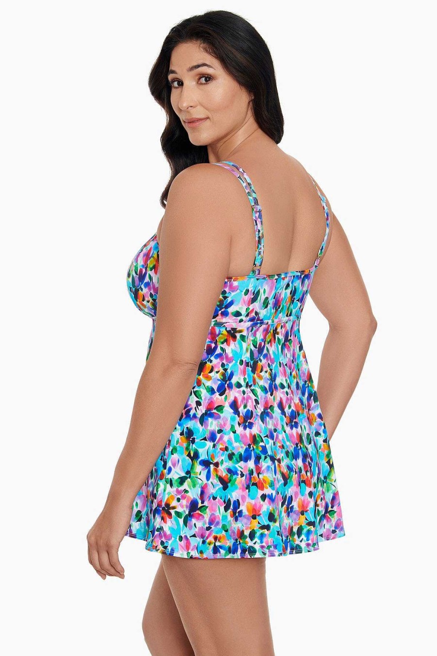 Swim Longitude | Empire Princess Seam Long Torso Swim Dress W/ Pockets Blooming Bouquet Multi