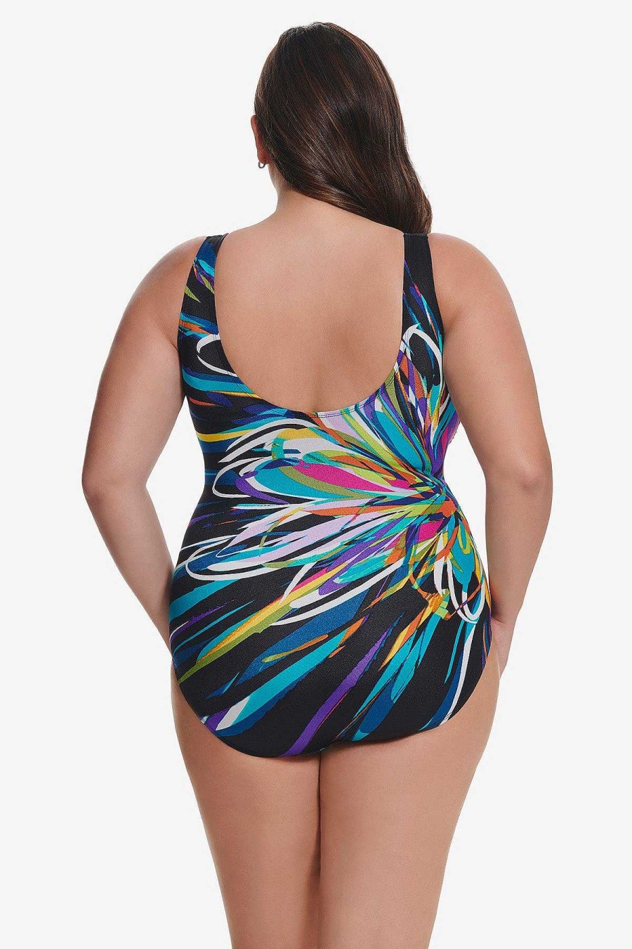 Swim Longitude | Plus Size Panel Scoopneck Tank Long Torso One Piece Swimsuit Floral Mayhem Multi