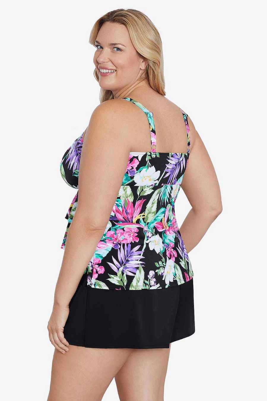 Swim Longitude | Plus Size Triple Tier Tankini Mystic Tropic Black/Multi