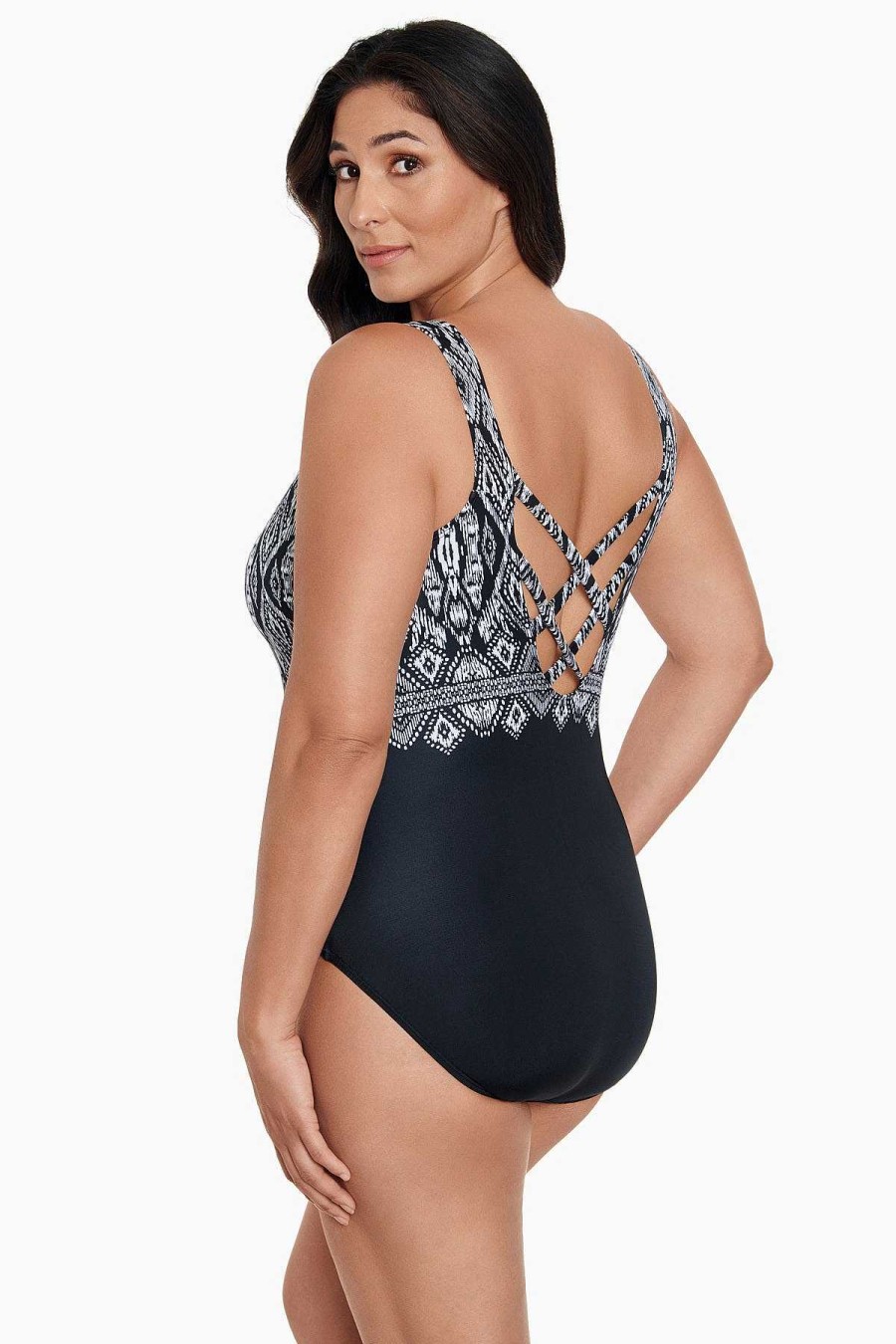 Swim Longitude | Double X-Back Tank Long Torso One Piece Swimsuit Lace Affair Black/White