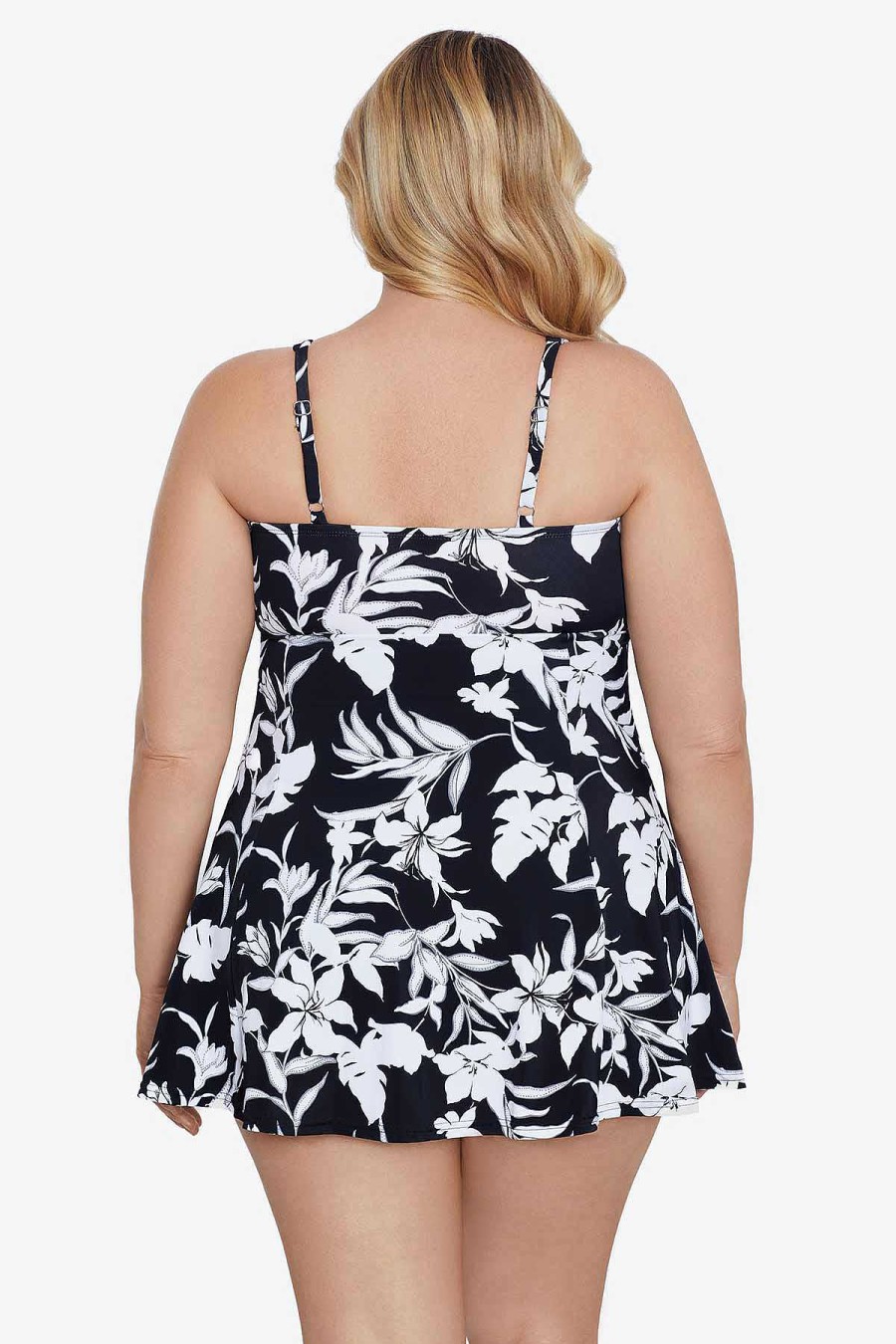 Swim Longitude | Plus Size Bow Front Swimdress Nightshade Black/White