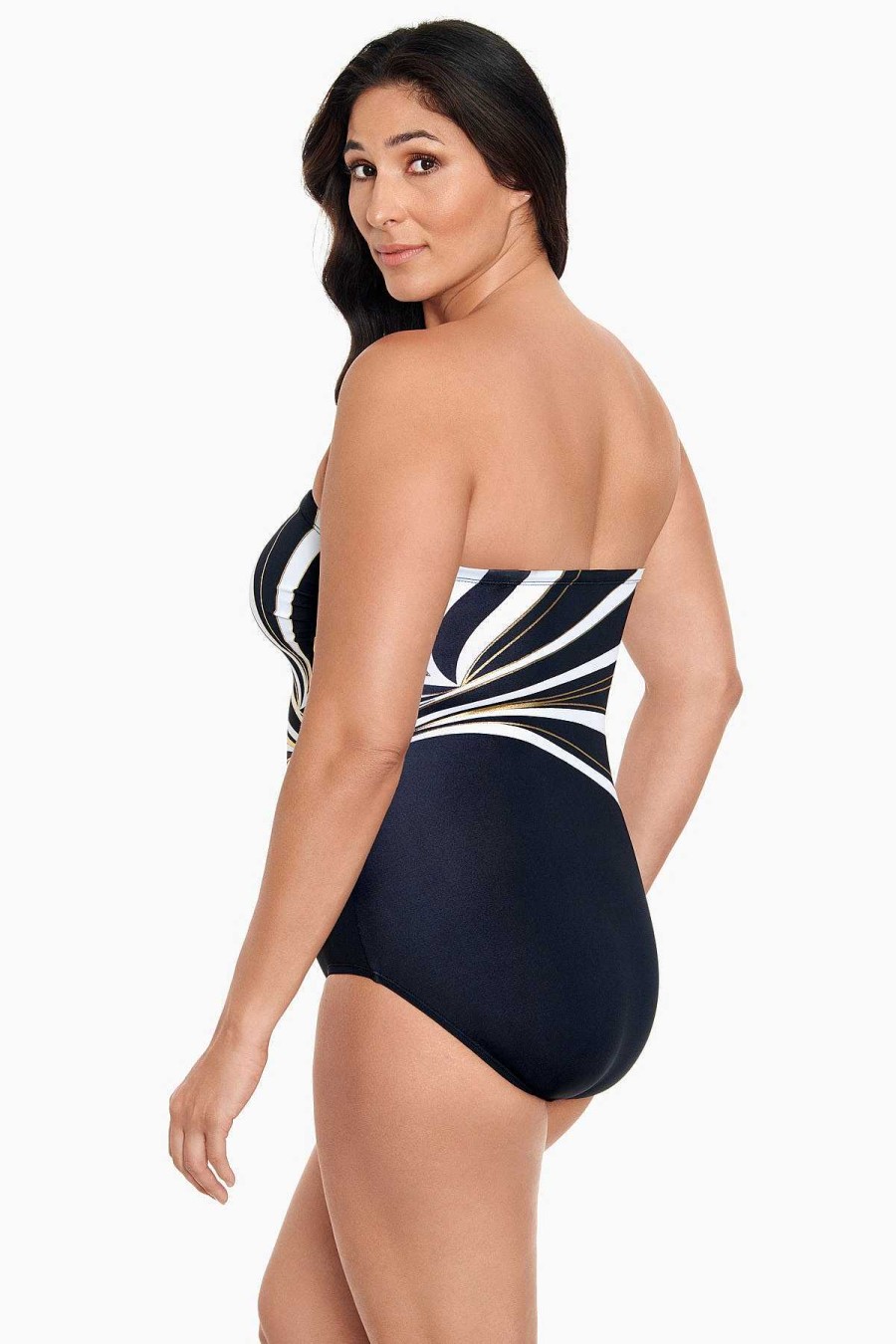 Swim Longitude | Panel Bandeau Long Torso One Piece Swimsuit Dangerous Curves Black/Gold