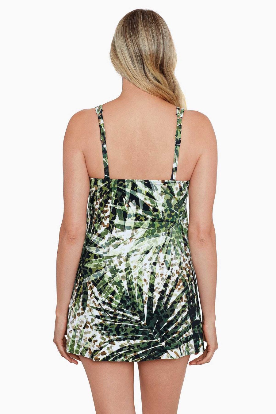 Swim Longitude | Pleated Front One Piece Swim Dress Wild Leaf Multi