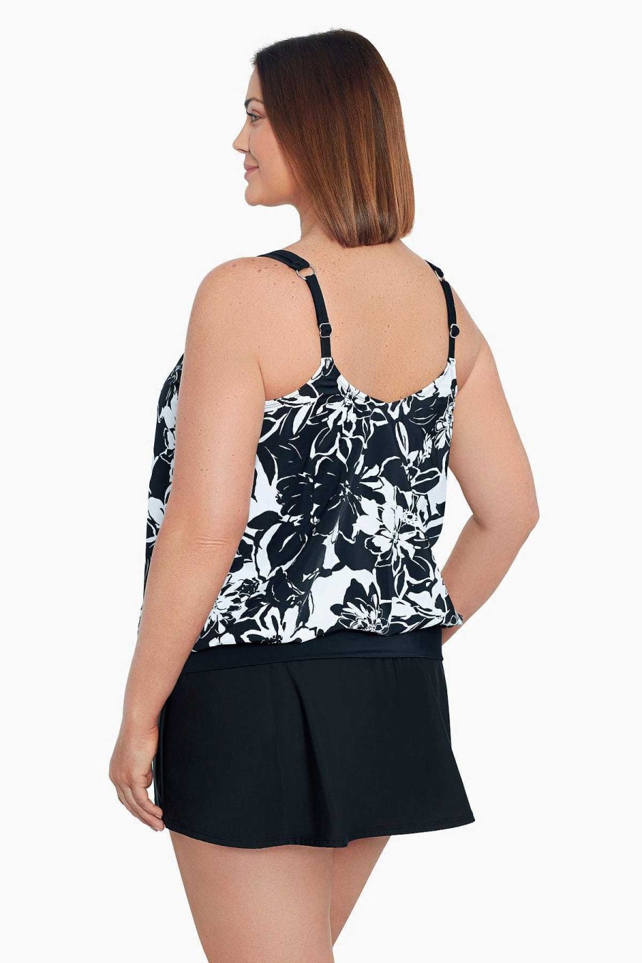 Swim Longitude | Plus Size V-Neck Blouson Ring Tankini Top Bloomfield Black/White