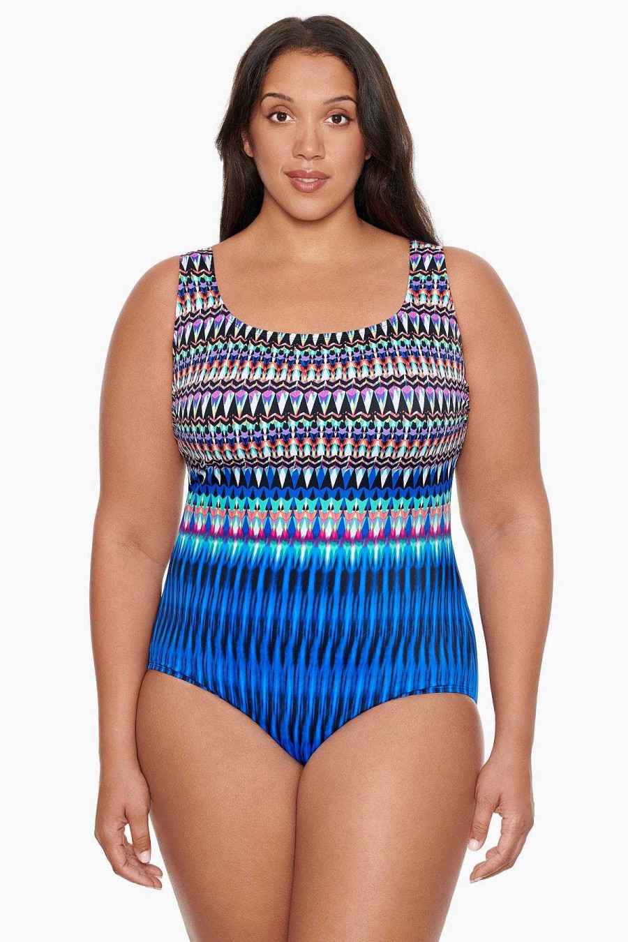 Swim Longitude | Plus Size Triple X Back Tank Long Torso One Piece Swimsuit Sparkle Park Multi