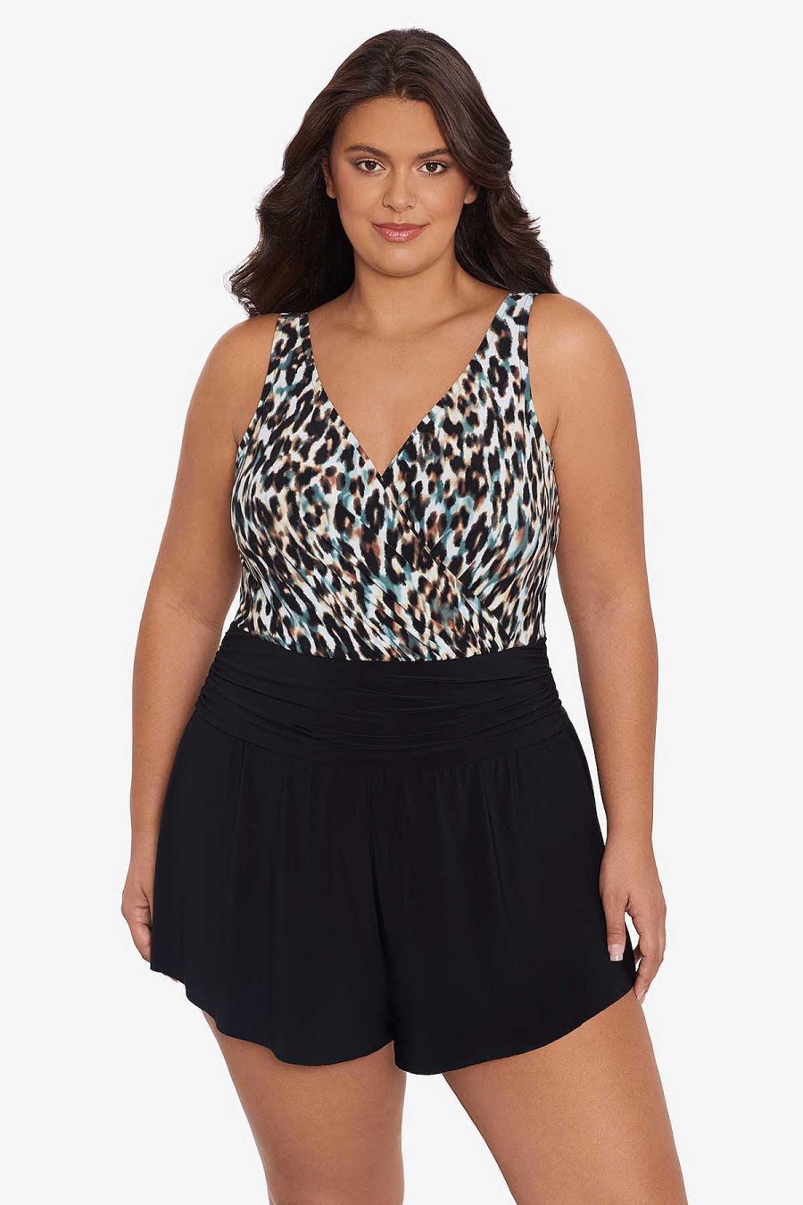 Swim Longitude | Plus Size Rebecca One Piece Romper Swimsuit Leopard In The Mist Brown