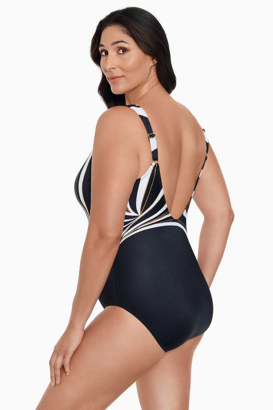 Swim Longitude | Panel Scoop Neck Tank One Piece Swimsuit W/Hardware Dangerous Curves Black/Gold