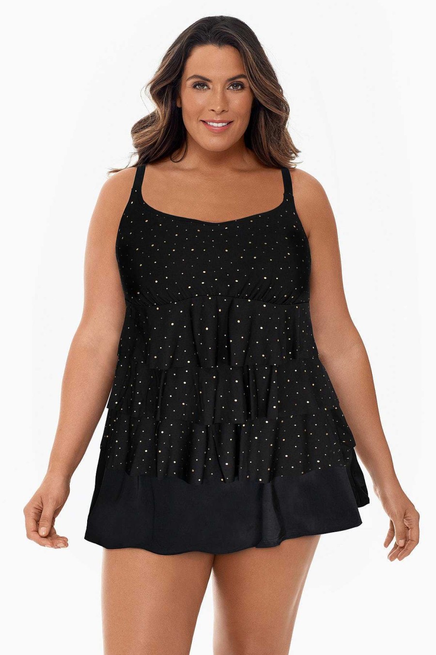 Swim Longitude | Plus Size Faux Ruffle Skirtini W/Pockets Swim Dress Night Stars Black/Gold