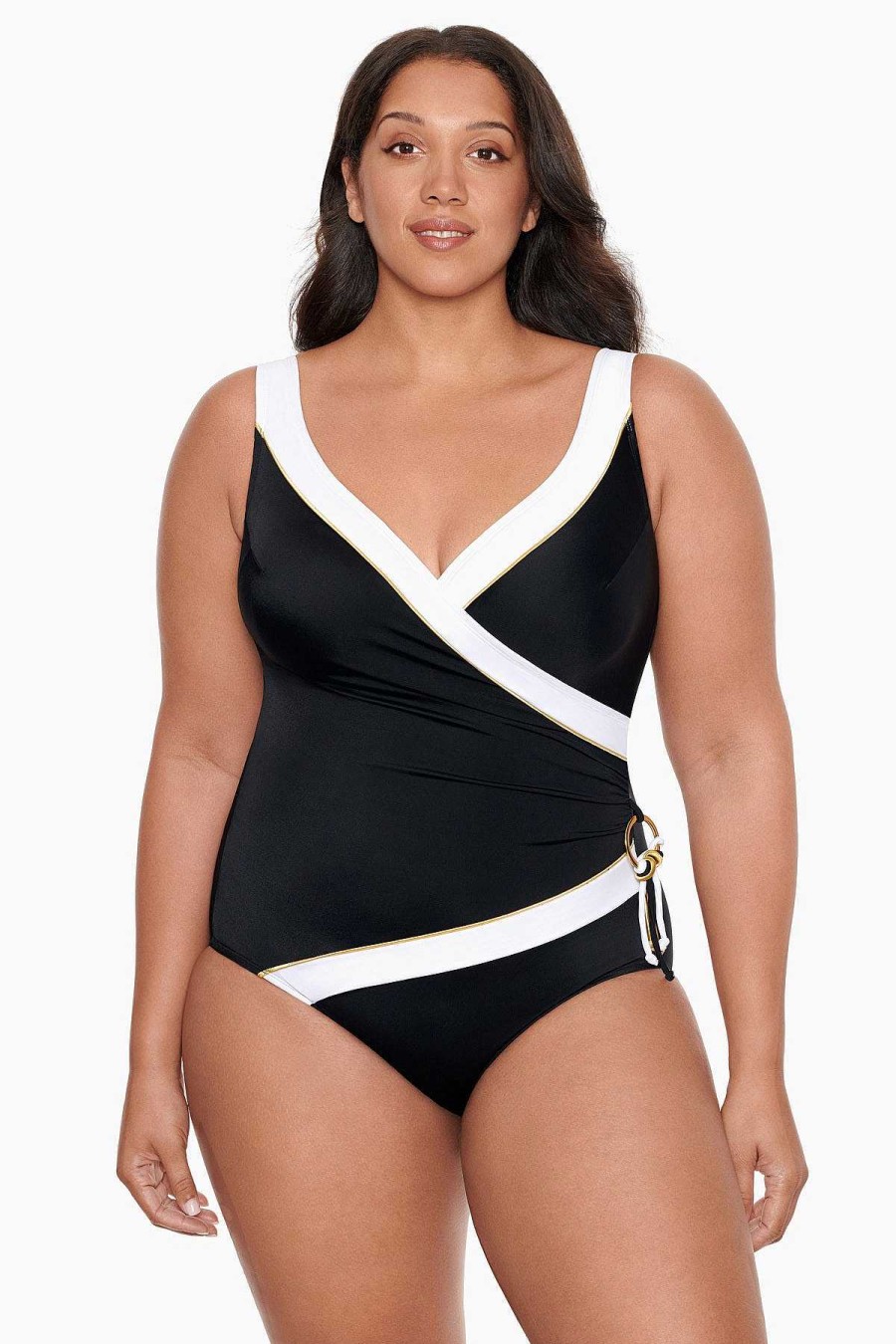 Swim Longitude | Plus Size Tassel Ring Surplice Long Torso One Piece Swimsuit Private Party Black/White