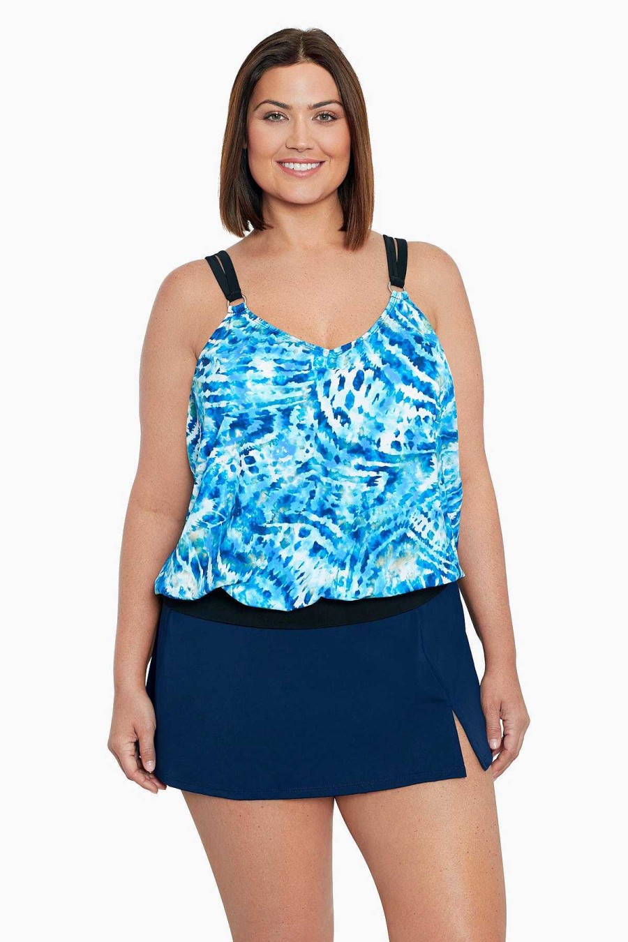 Swim Longitude | Plus Size V-Neck Blouson Ring Tankini Top Wishy Washy Black/Multi