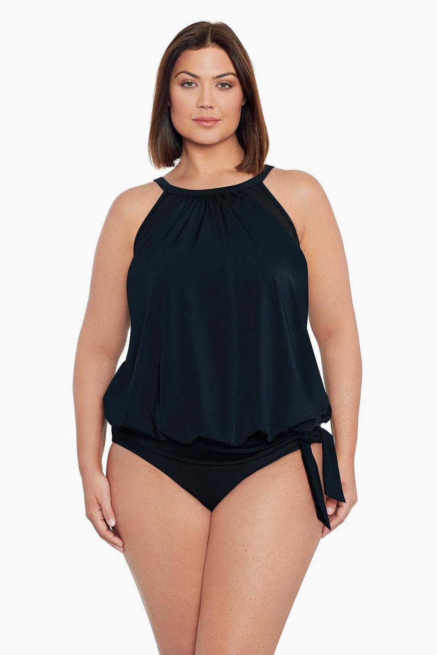 Swim Longitude | Plus Size High Neck Blouson Tankini Top W/ Mesh Inserts Meshed Up Black