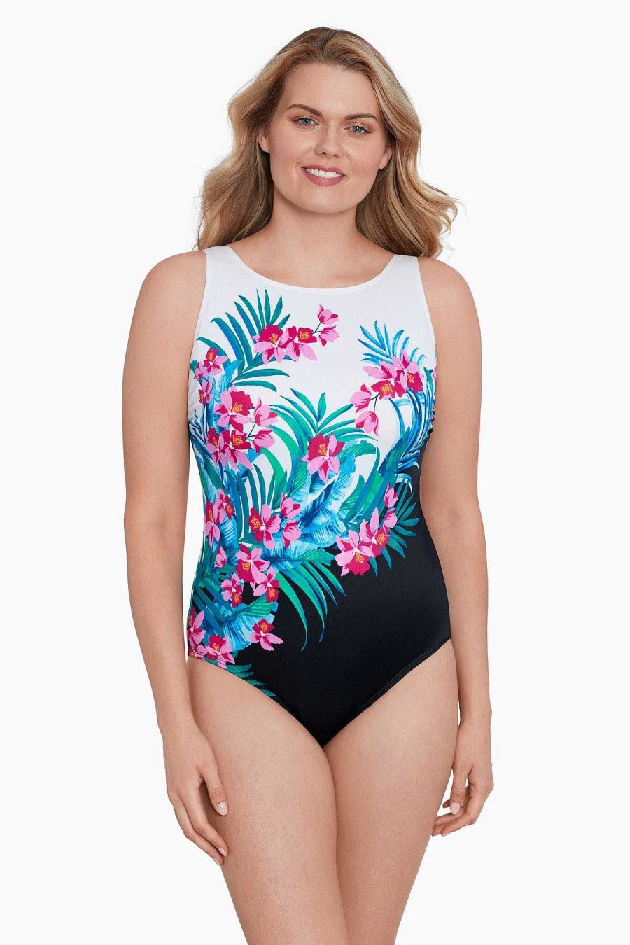 Swim Longitude | Panel Scoopback Long Torso Highneck Swimsuit Fiji Isle Pink/Multi