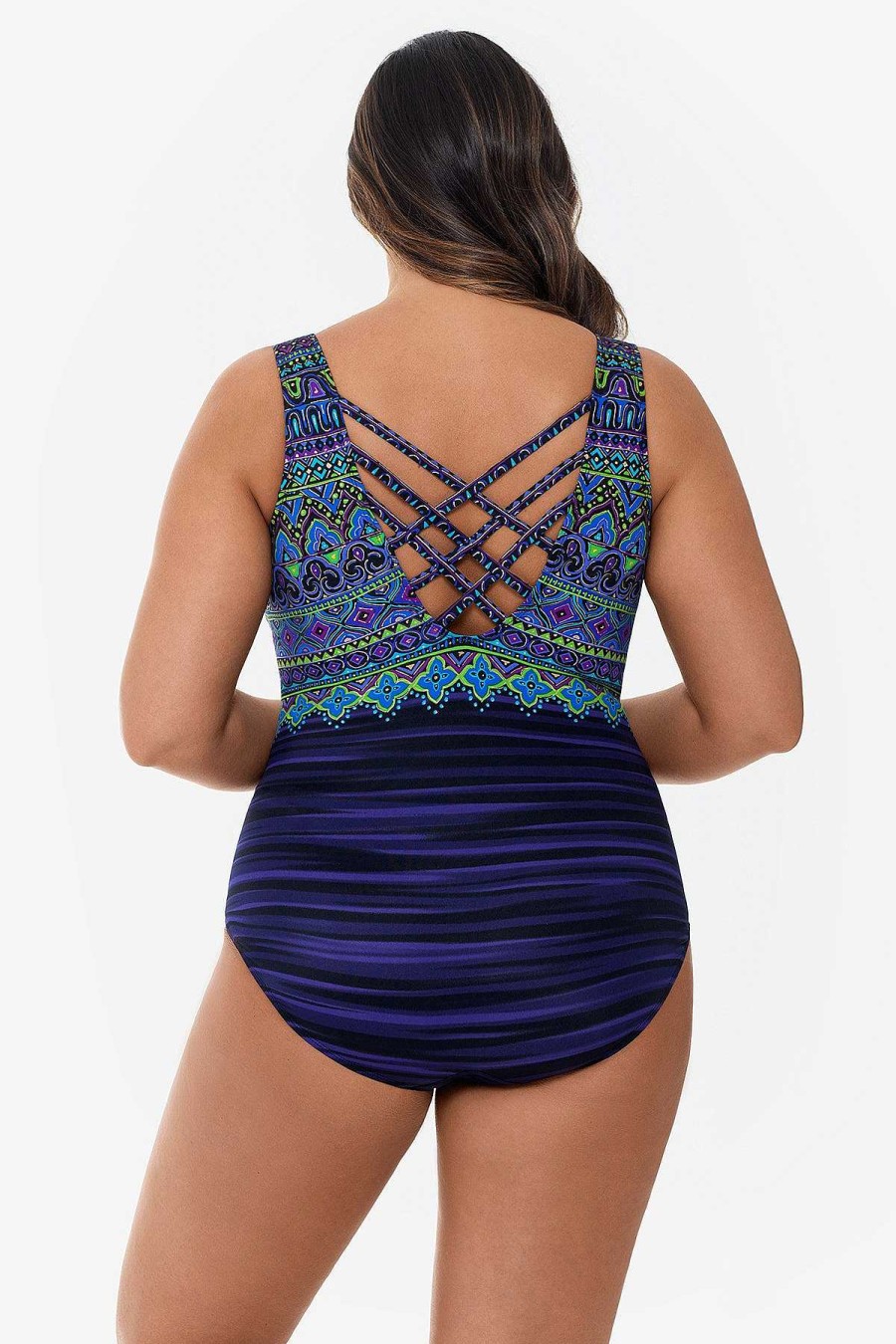 Swim Longitude | Plus Size Triple X-Back Tank Long Torso One Piece Swimsuit Taj Mahal Multi