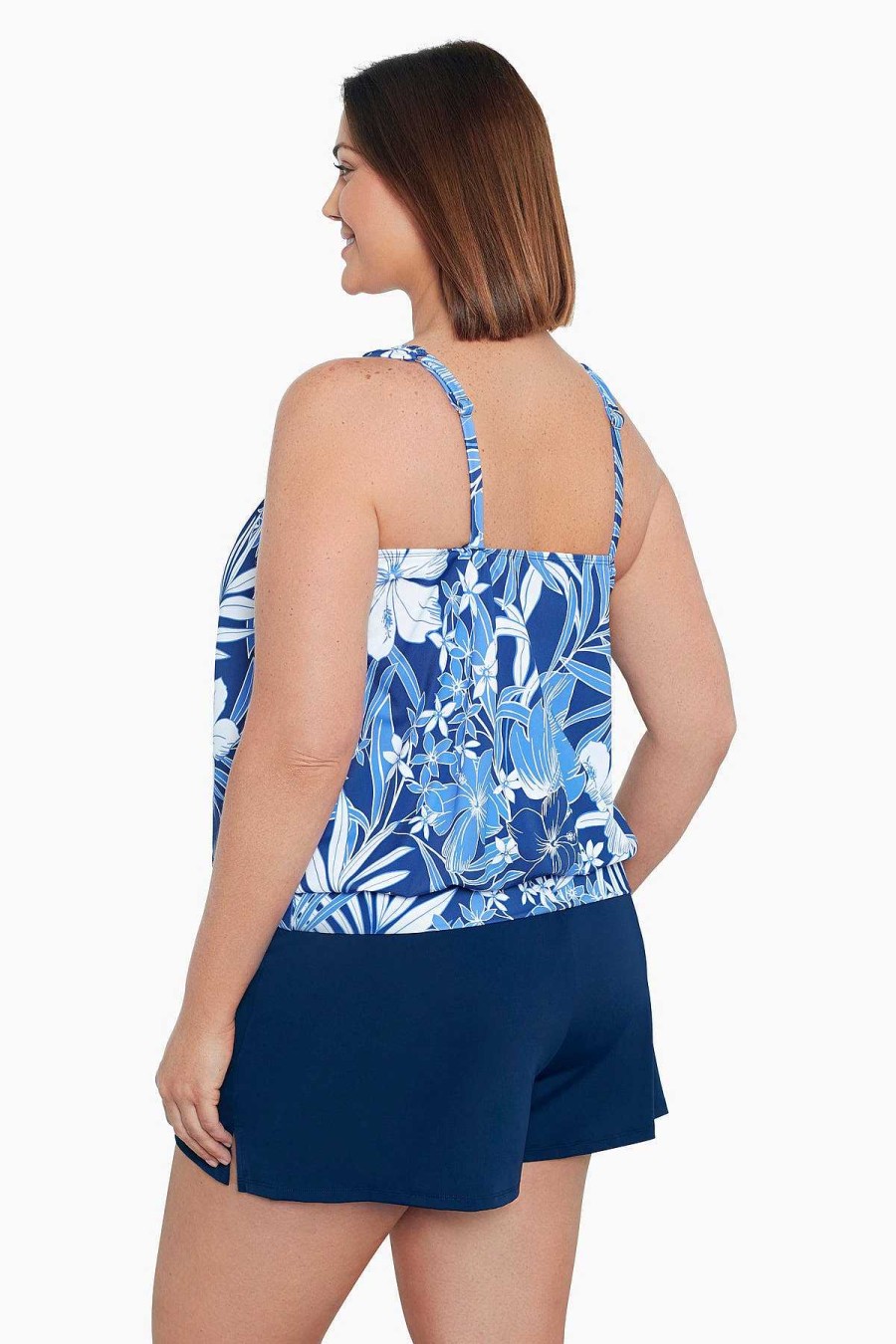 Swim Longitude | Plus Size Shirred Neck Blouson Tankini Top In My Blues Denim