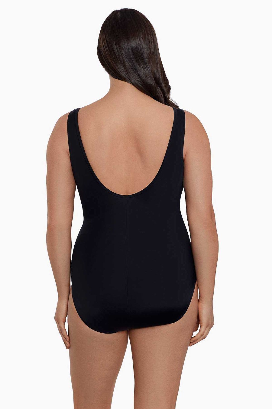 Swim Longitude | Faux Surplice Tank Long Torso One Piece Swimsuit Madison Square Black/White