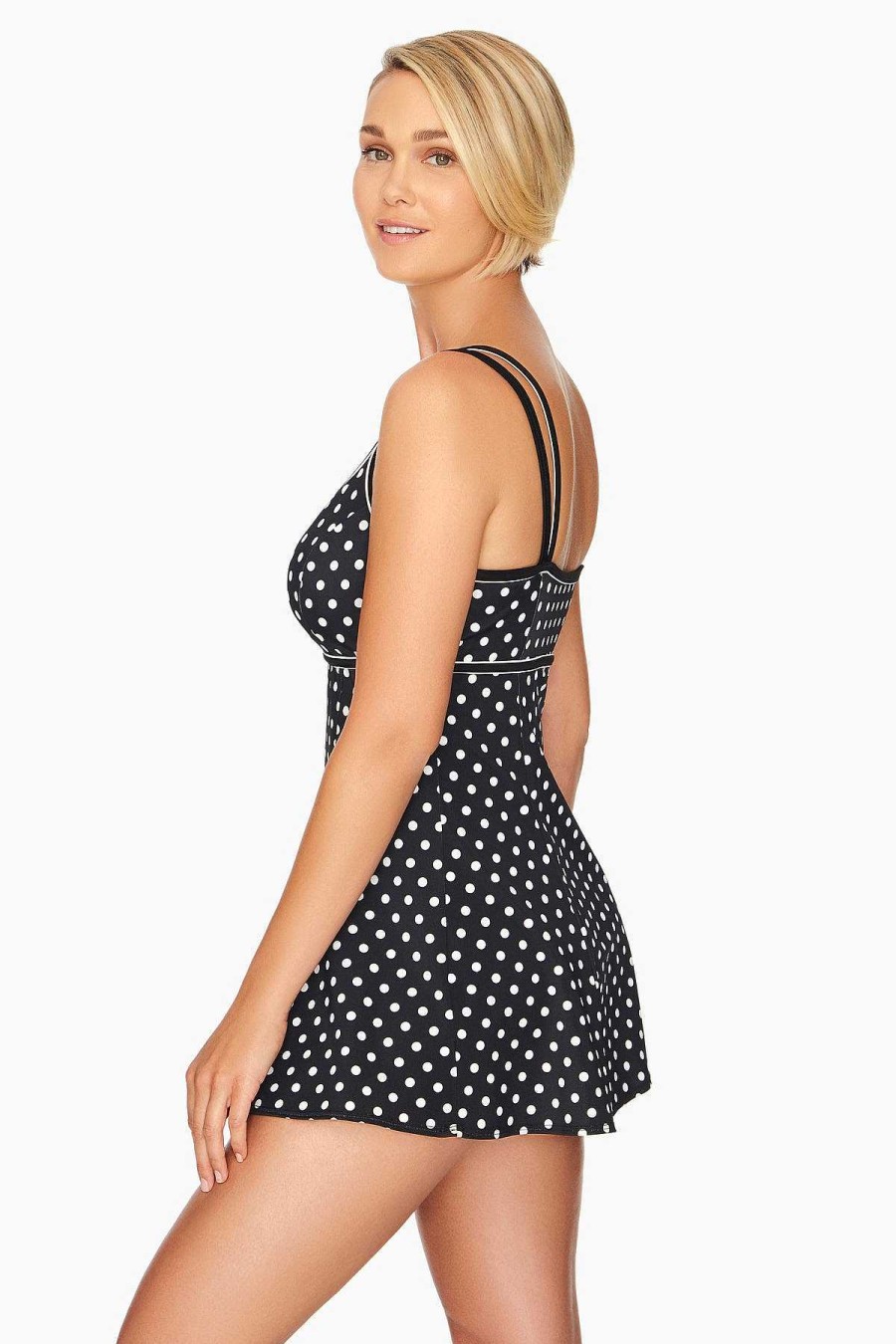 Swim Longitude | Empire Princess Seam Long Torso Swim Dress Dot Black/White