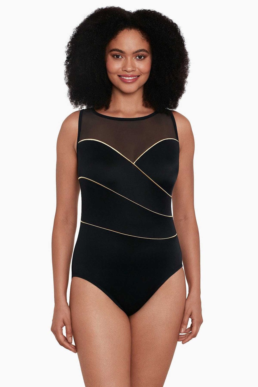 Swim Longitude | Mesh Highneck Long Torso One Piece Swimsuit Piping The Wave Black/Gold