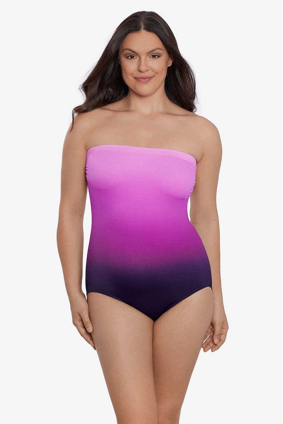 Swim Longitude | Bandeau Long Torso One Piece Swimsuit Tonal Stripe Pink