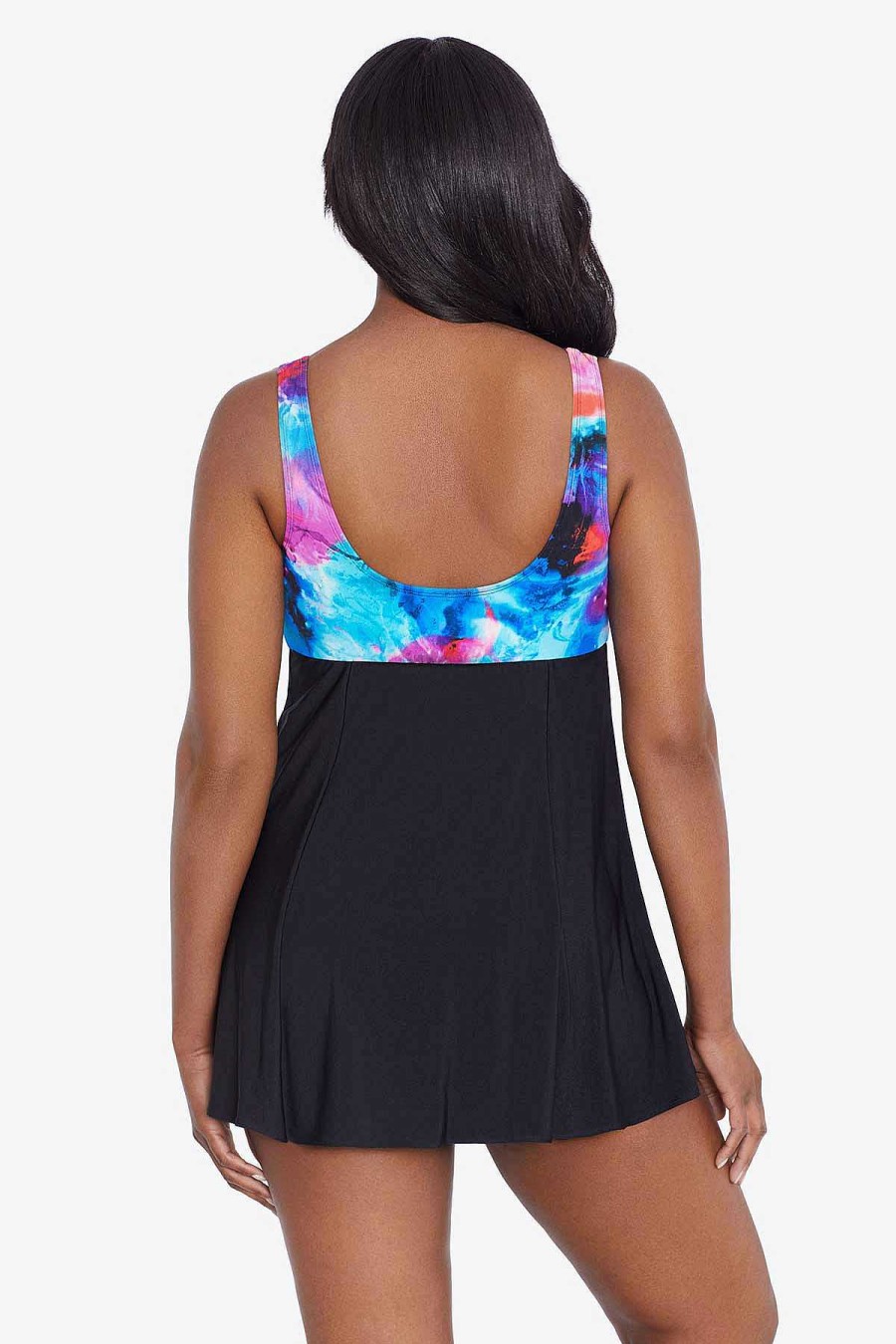 Swim Longitude | Crossover Draped Long Torso Swim Dress Paint Trip Blue/Pink