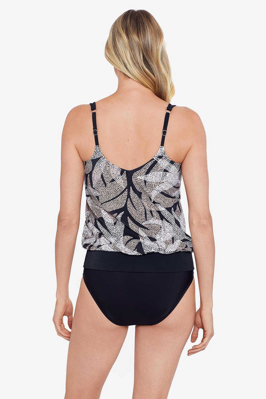 Swim Longitude | V-Neck Blouson Ring Tankini Dot Leaf Me Black