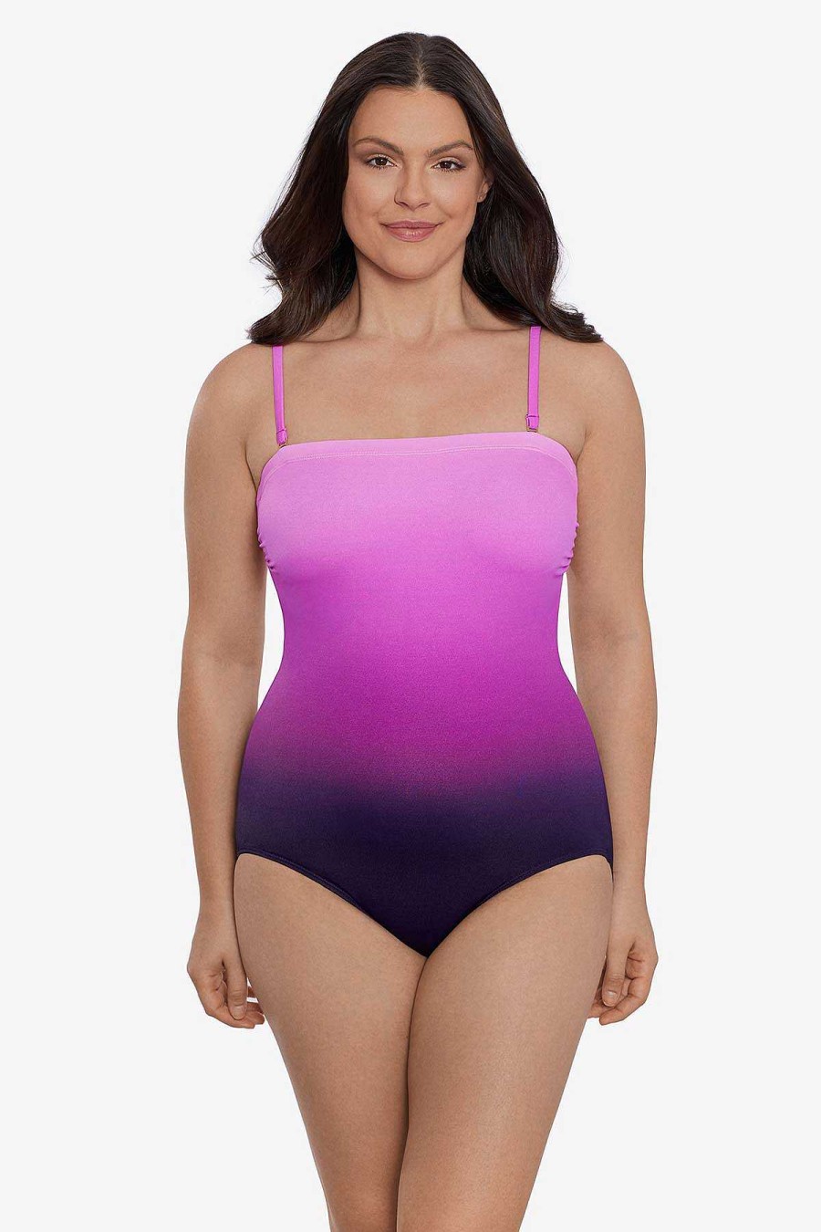 Swim Longitude | Bandeau Long Torso One Piece Swimsuit Tonal Stripe Pink