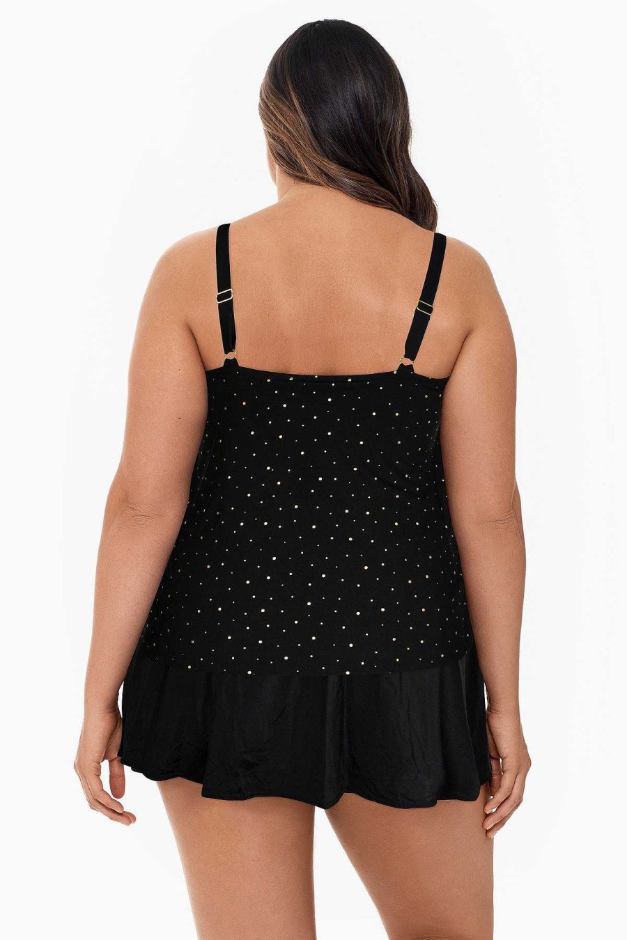 Swim Longitude | Plus Size Faux Ruffle Skirtini W/Pockets Swim Dress Night Stars Black/Gold