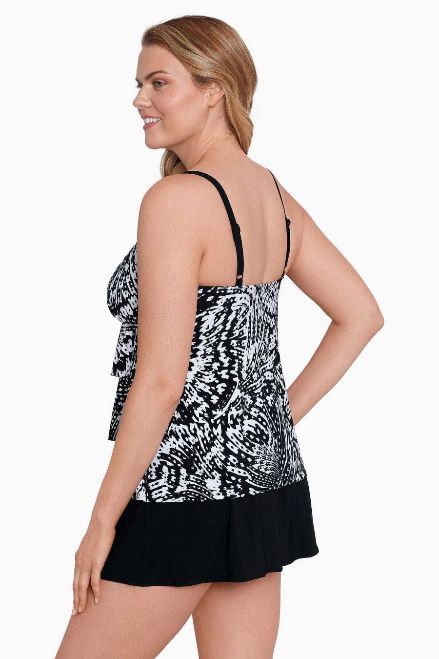 Swim Longitude | Flutter Ruffle Long Torso Faux Skirtini W/ Pockets Black/White