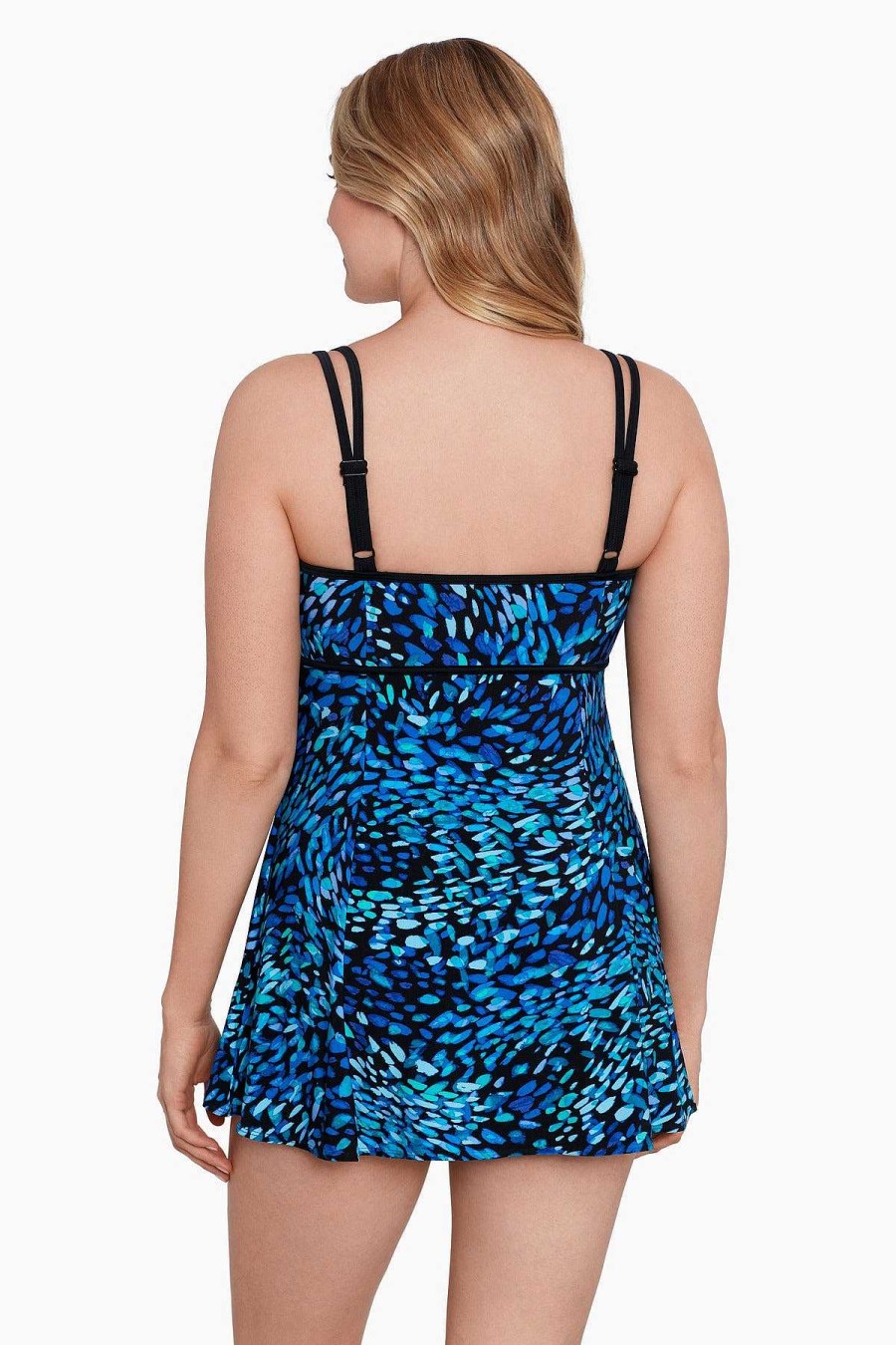 Swim Longitude | Empire Princess Seam Long Torso Swim Dress Petals Apart Blue